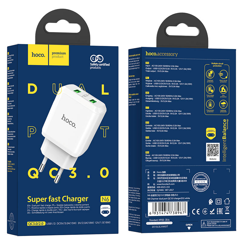 hoco n6 charmer dual port qc3 wall charger eu package white