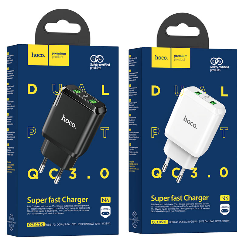 hoco n6 charmer dual port qc3 wall charger eu packages