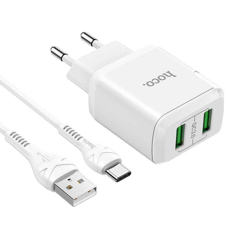 hoco n6 charmer dual port qc3 wall charger eu type c set connectors