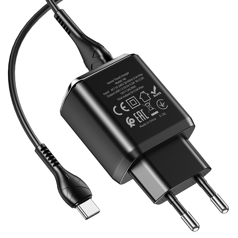 hoco n6 charmer dual port qc3 wall charger eu type c set kit