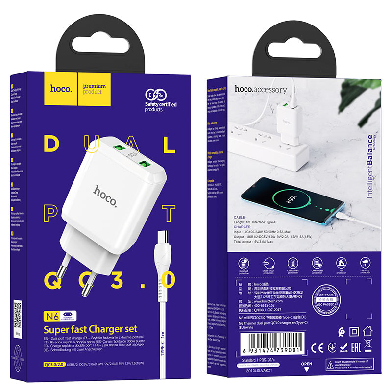 hoco n6 charmer dual port qc3 wall charger eu type c set package white