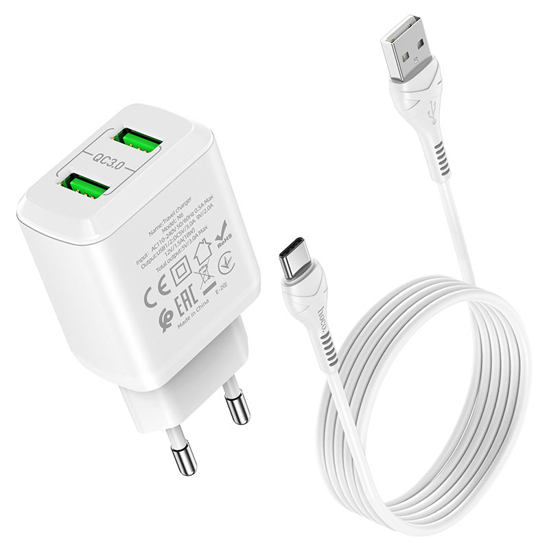 hoco n6 charmer dual port qc3 wall charger eu type c set wire