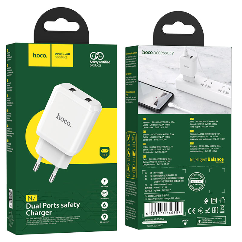 hoco n7 speedy dual port wall charger eu package white