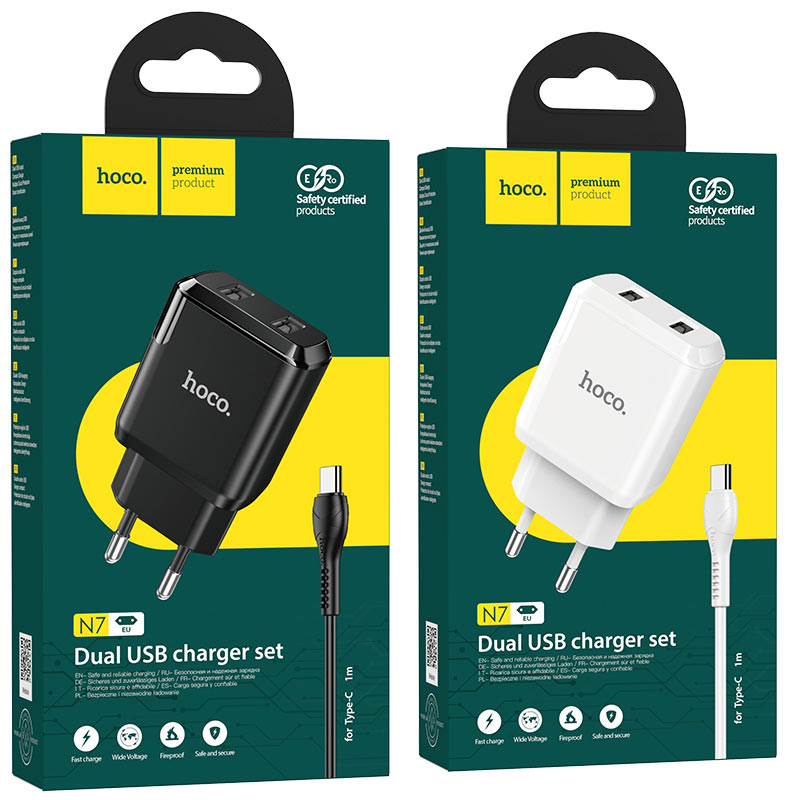 hoco n7 speedy dual port wall charger eu type c set packages