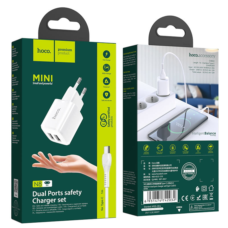 hoco n8 briar dual port wall charger eu for type c set package