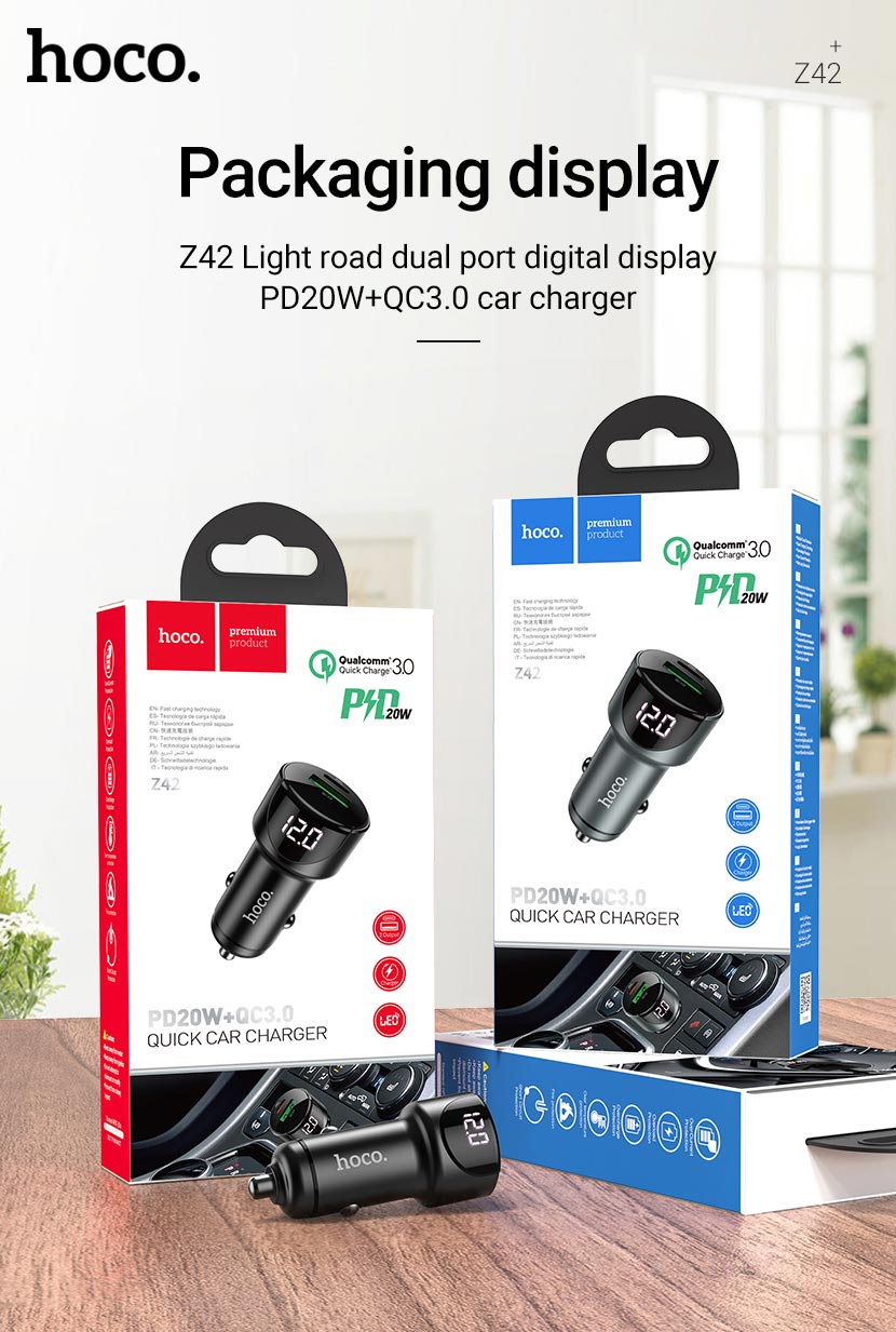 hoco news z42 light road dual port digital display pd20w qc3 car charger package en