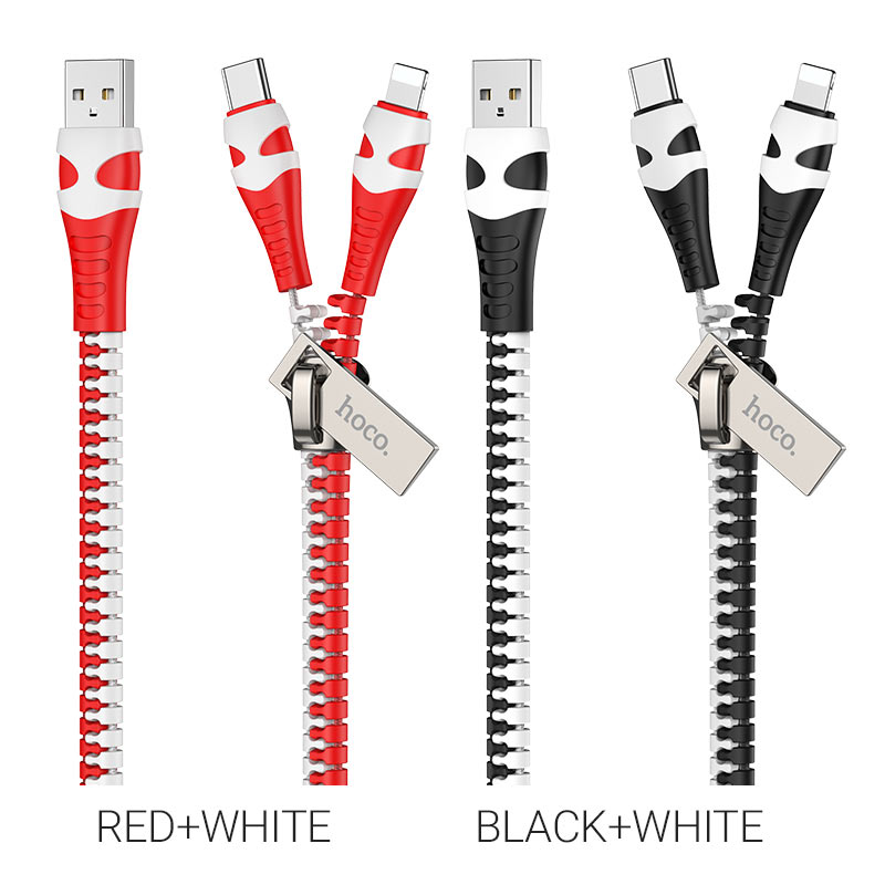 hoco u97 2in1 zipper charging cable for lightning type c colors