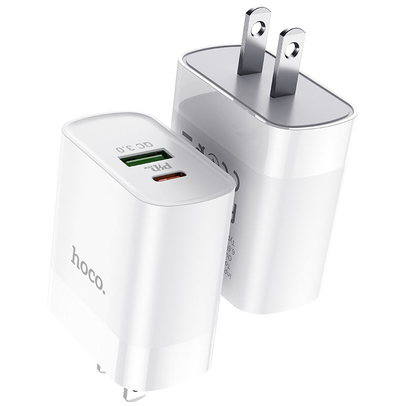 Hoco C80A cargador Rapido PD+QC3.0 charger (EU) incluye cable de Type-C a  Lightning color Blanco