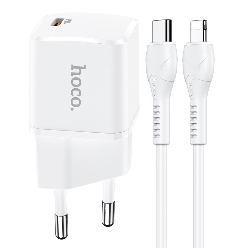 hoco n10 starter single port pd20w wall charger eu type c to lightning set front