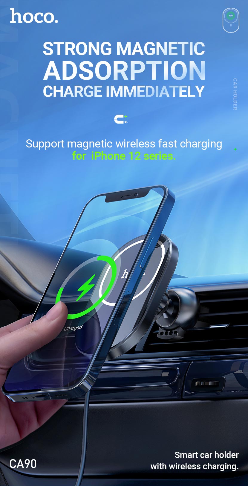 hoco news ca90 powerful magnetic car holder with wireless charging en