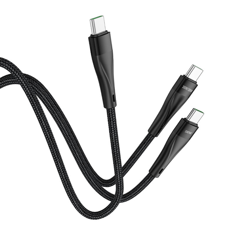 hoco u102 super 100w 2in1 charging data cable type c to dual type c nylon braid
