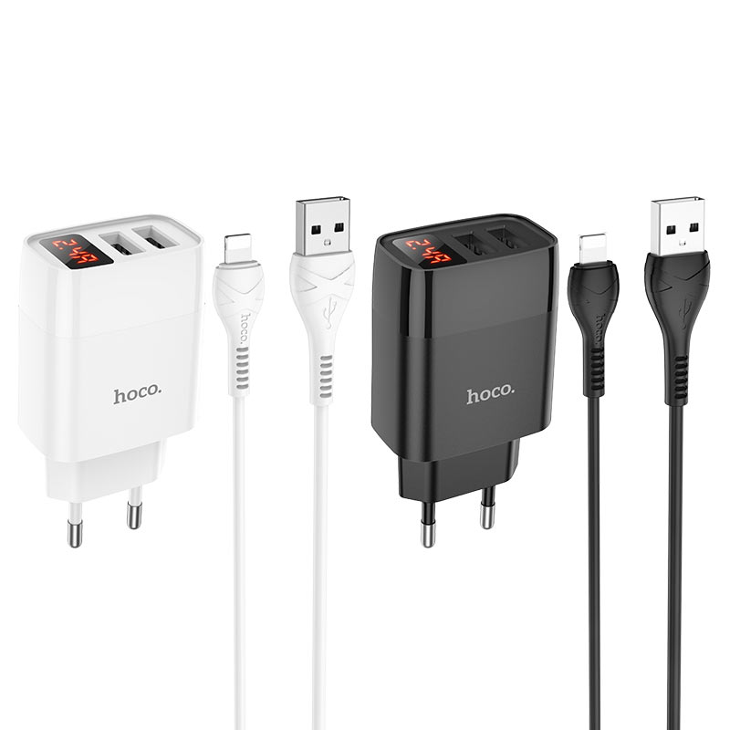 hoco c86a illustrious dual port wall charger with digital display eu set with lightning cable colors