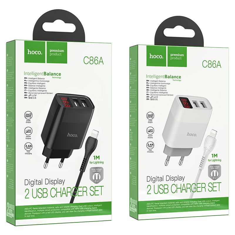 hoco c86a illustrious dual port wall charger with digital display eu set with lightning cable packages