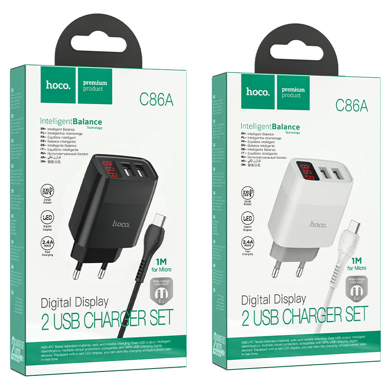 hoco c86a illustrious dual port wall charger with digital display eu set with micro usb cable packages
