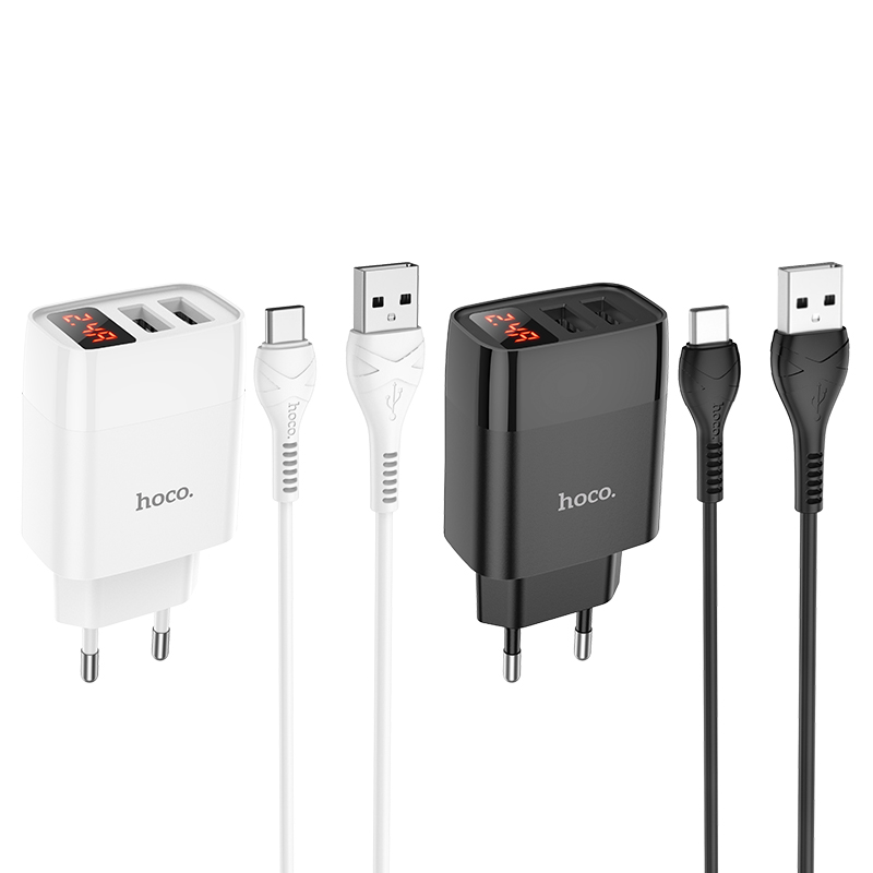 hoco c86a illustrious dual port wall charger with digital display eu set with type c cable colors
