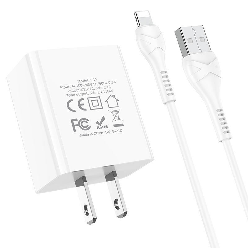 hoco c89 light road dual port wall charger us set with lightning cable certification