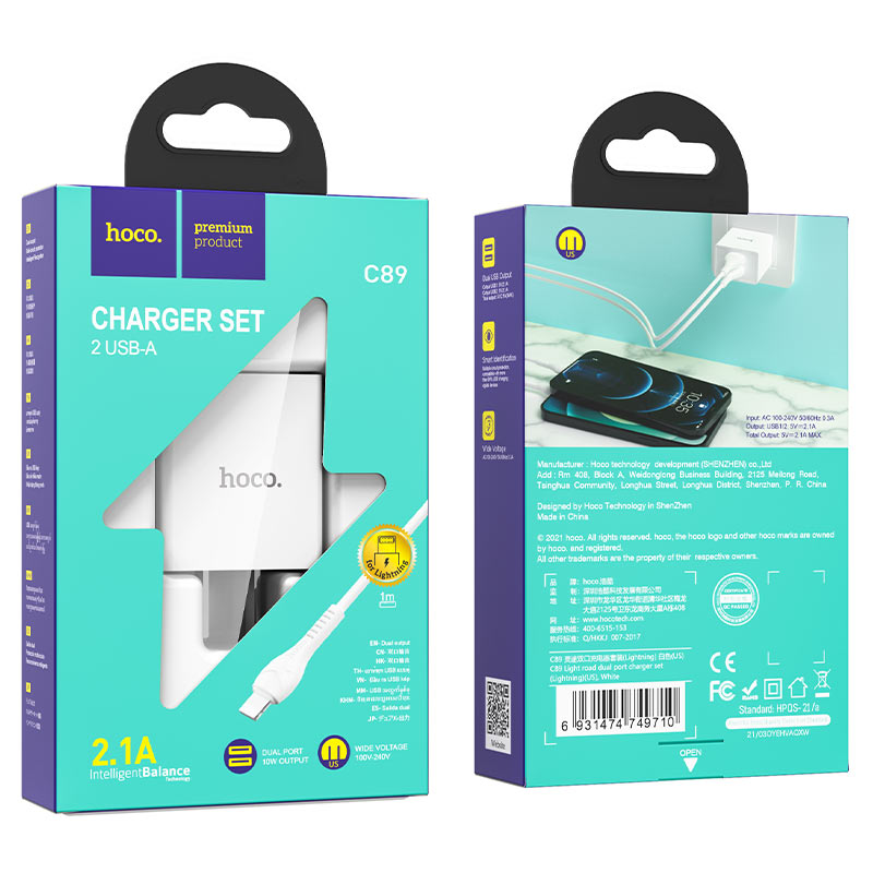 hoco c89 light road dual port wall charger us set with lightning cable package