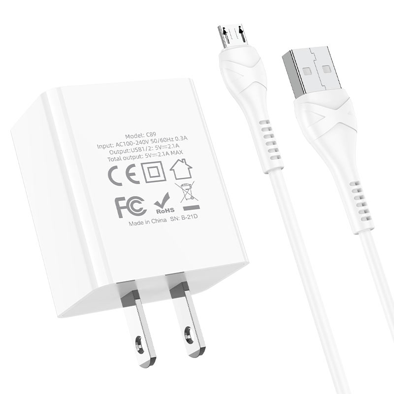hoco c89 light road dual port wall charger us set with micro usb cable certification