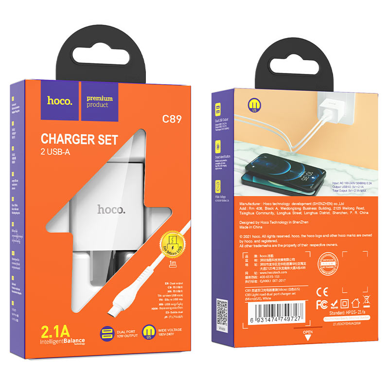 hoco c89 light road dual port wall charger us set with micro usb cable package