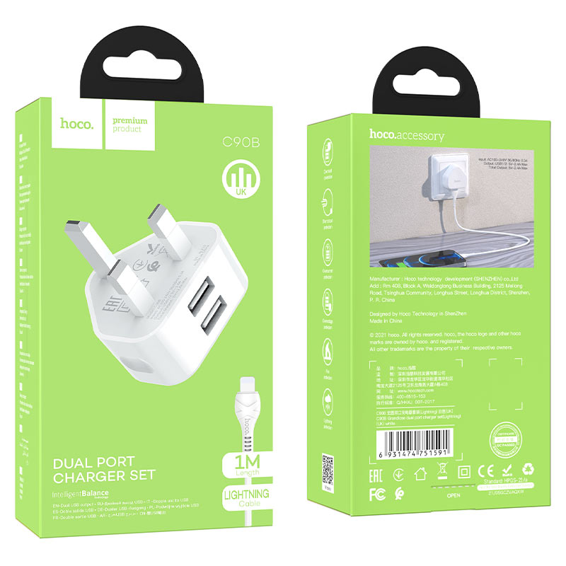 hoco c90b grandiose dual port wall charger uk set with lightning cable package