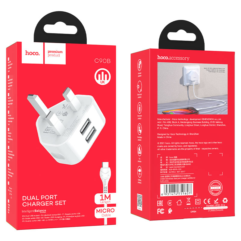 hoco c90b grandiose dual port wall charger uk set with micro usb cable package