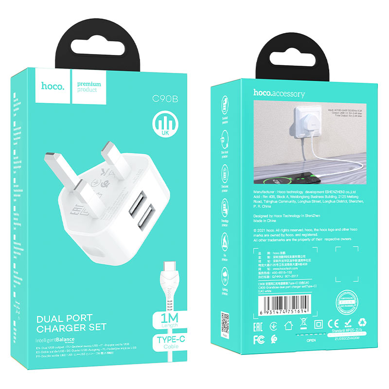 hoco c90b grandiose dual port wall charger uk set with type c cable package