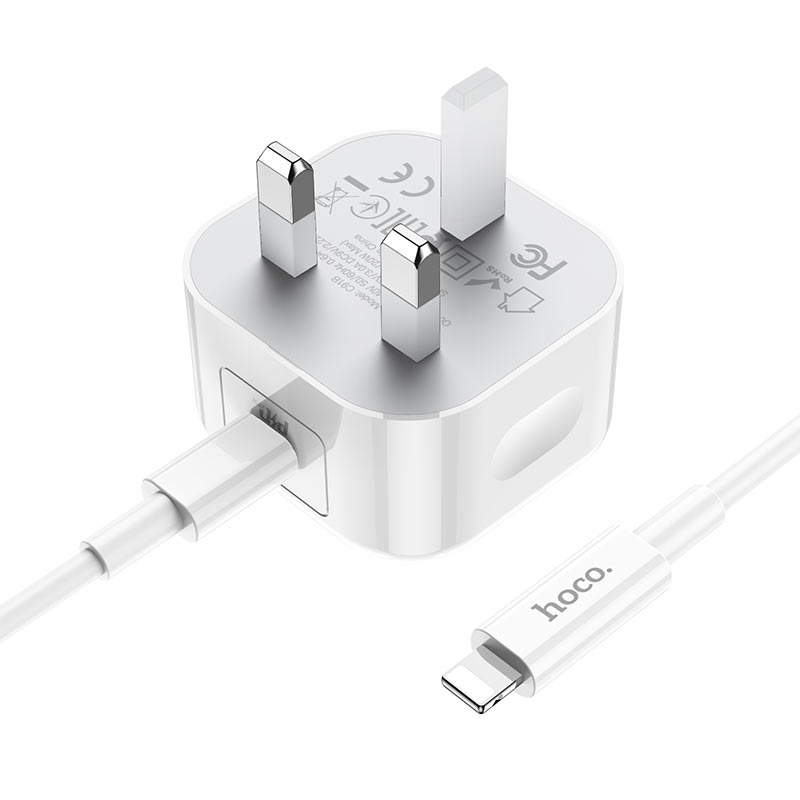 hoco c91b founder pd20w wall charger uk set with type c to lightning cable connector