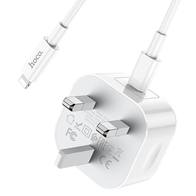 hoco c91b founder pd20w wall charger uk set with type c to lightning cable plug