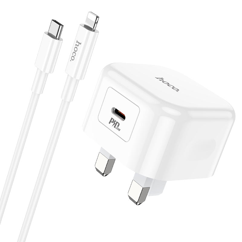 hoco c91b founder pd20w wall charger uk set with type c to lightning cable wire