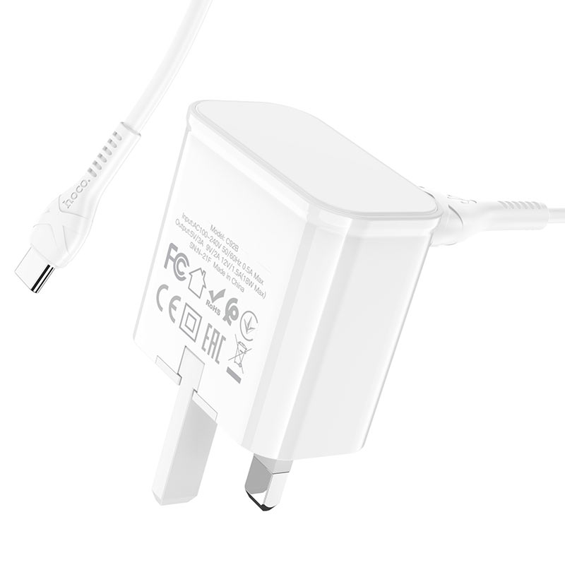 hoco c92b starshine single port qc3 wall charger uk set with type c cable kit