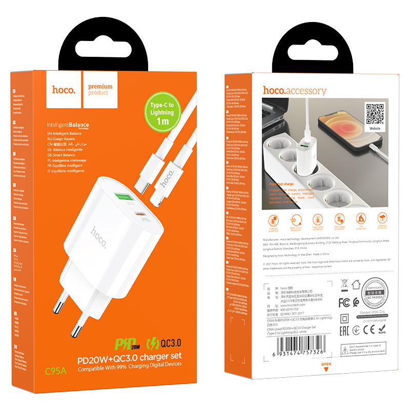 hoco c95a lineal pd20w qc3 wall charger eu set with type c to lightning cable package