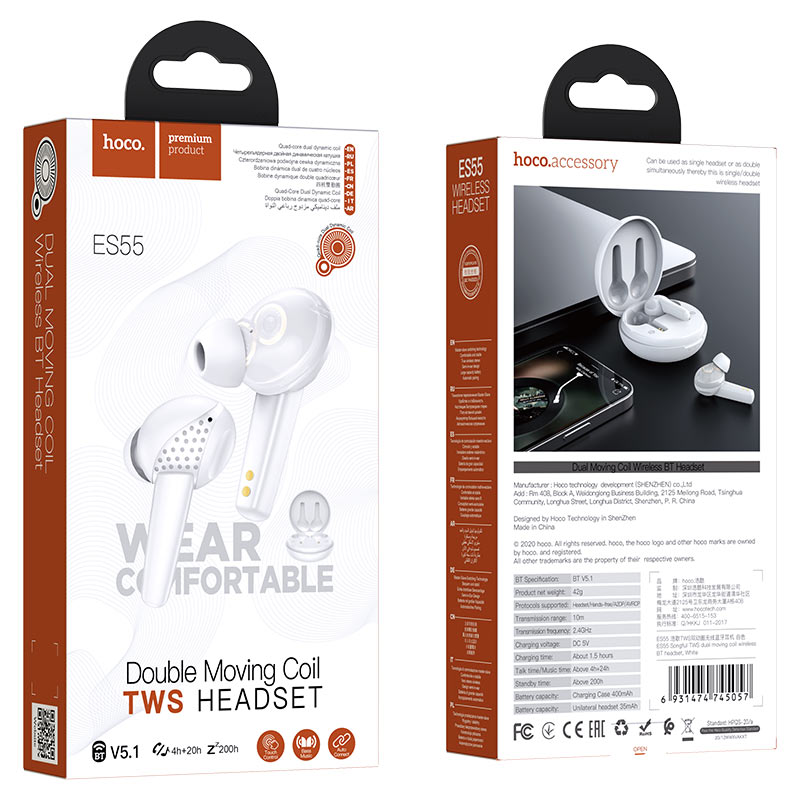 hoco es55 songful tws dual moving coil wireless bt headset package white