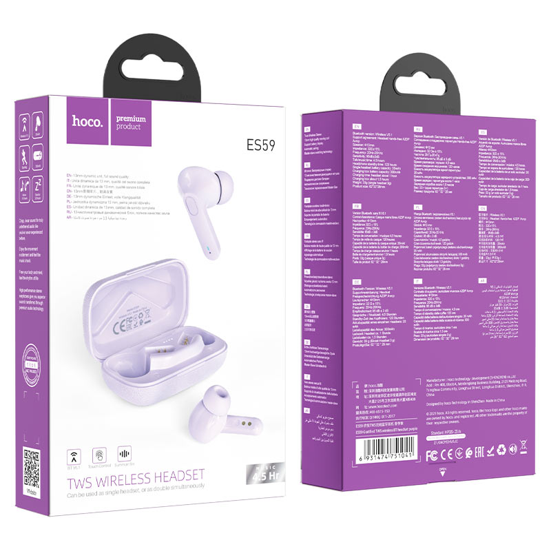 hoco es59 gratified tws wireless bt headset package purple