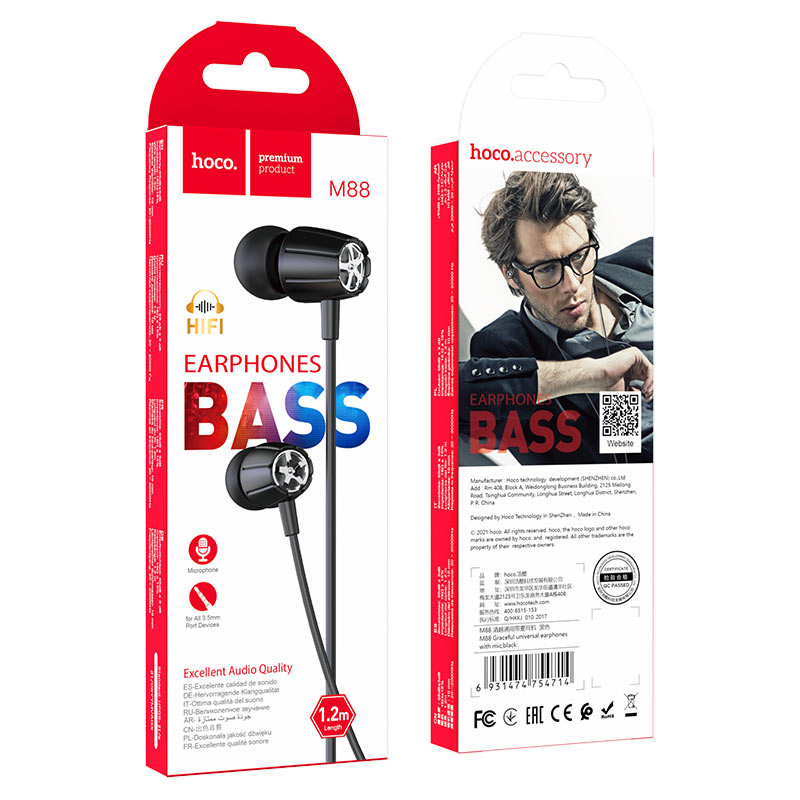 hoco m88 graceful universal earphones with mic package black