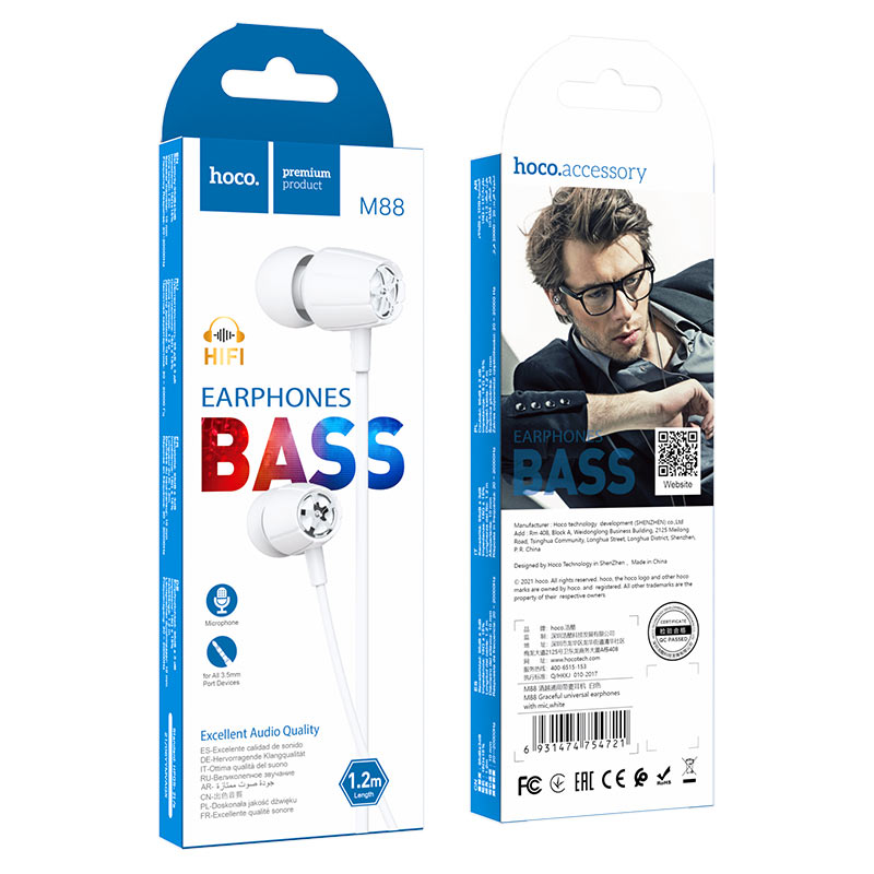 hoco m88 graceful universal earphones with mic package white
