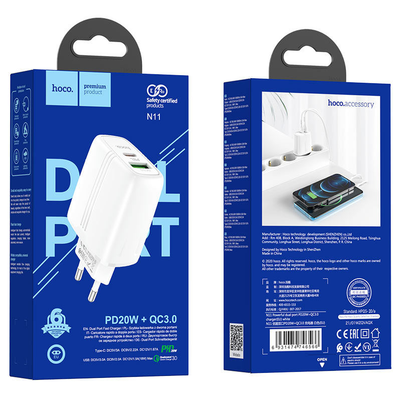 hoco n11 powerful pd20w qc3 wall charger eu package