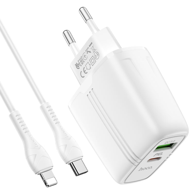hoco n11 powerful pd20w qc3 wall charger eu set with type c to lightning cable connectors