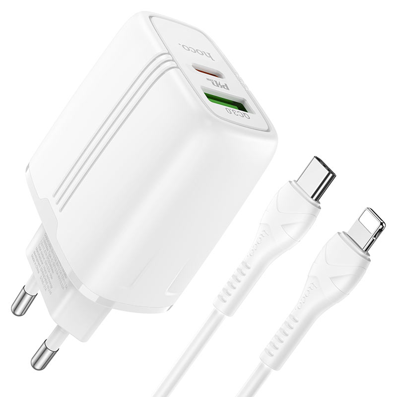 hoco n11 powerful pd20w qc3 wall charger eu set with type c to lightning cable