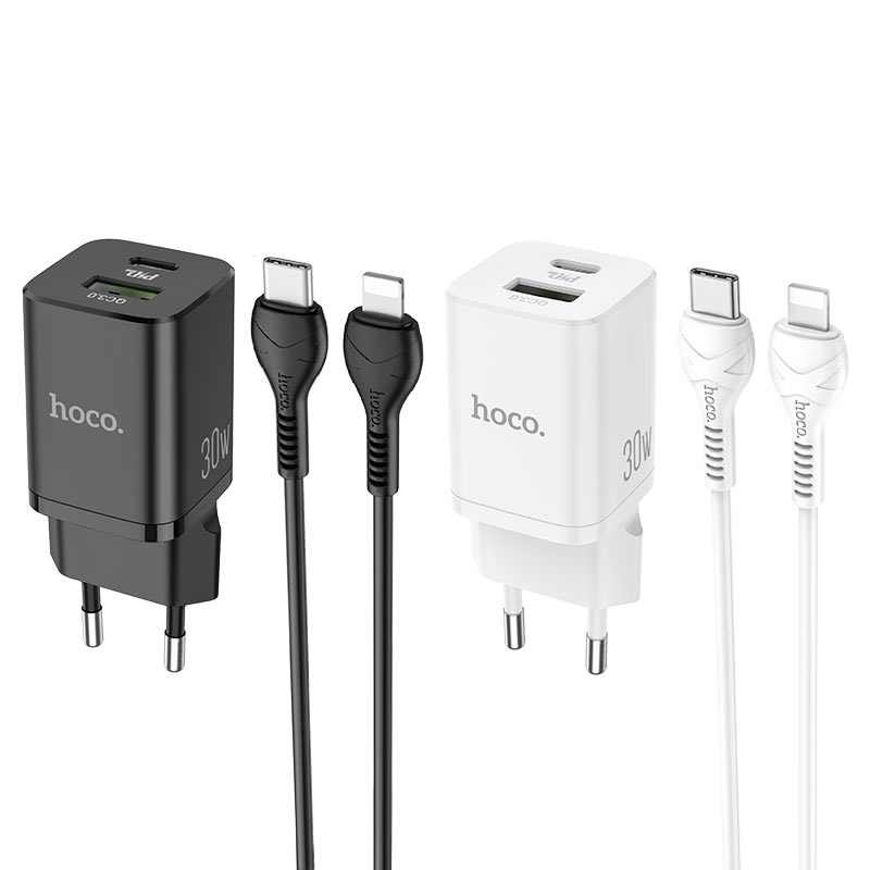 hoco n13 bright pd30w qc3 wall charger eu set with type c to lightning cable colors