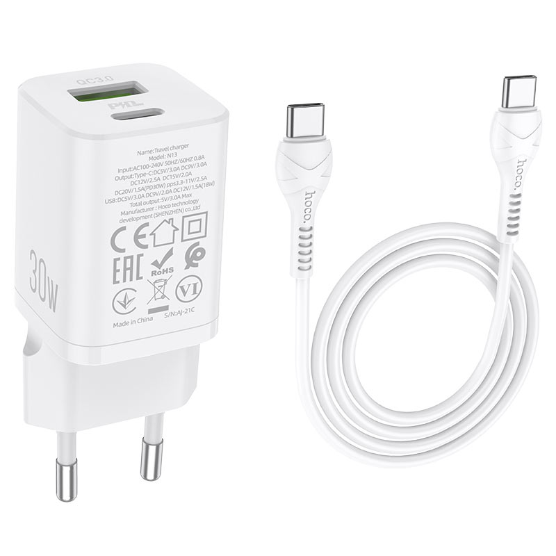 hoco n13 bright pd30w qc3 wall charger eu set with type c to type c cable wire