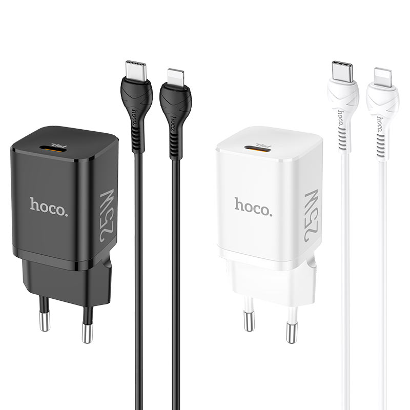 hoco n19 rigorous pd25w wall charger eu set with type c to lightning cable colors