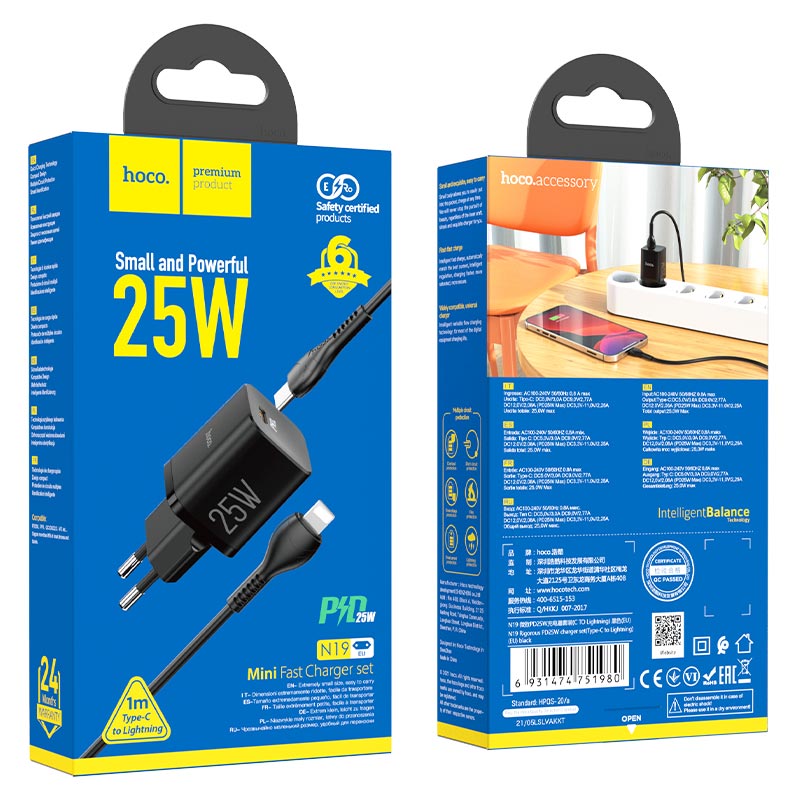 hoco n19 rigorous pd25w wall charger eu set with type c to lightning cable package black