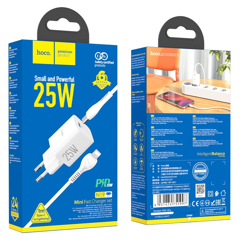 hoco n19 rigorous pd25w wall charger eu set with type c to lightning cable package white