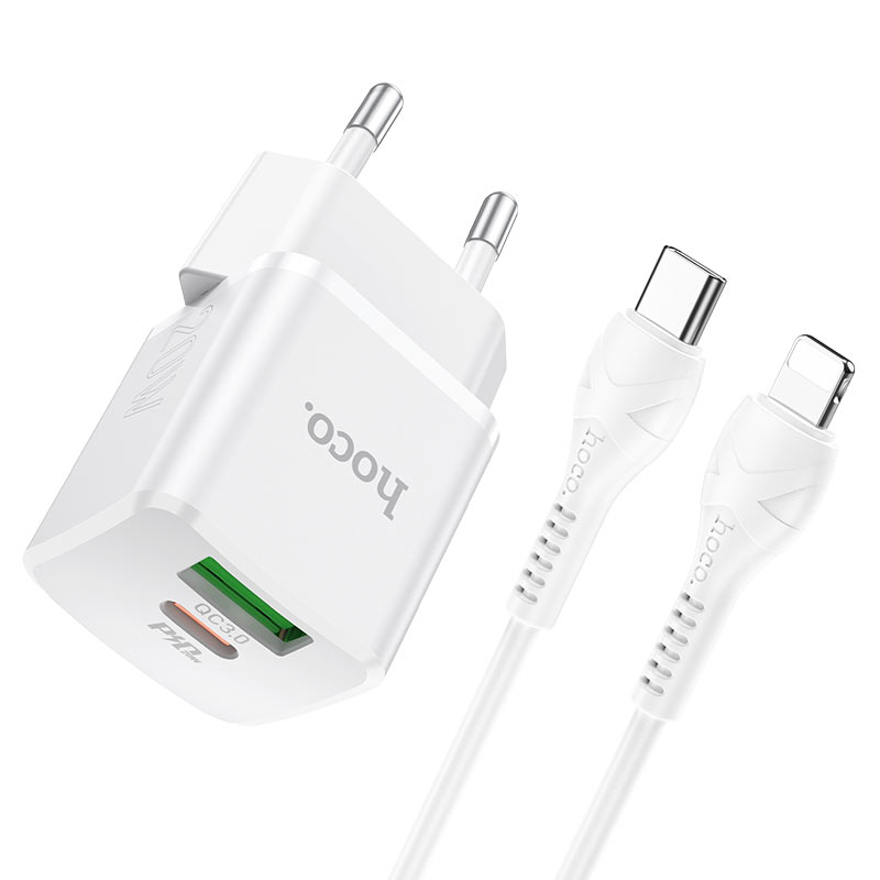 hoco n20 prestige pd20w qc3 wall charger eu set with type c to lightning cable connectors