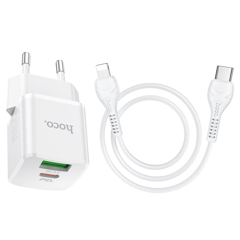 hoco n20 prestige pd20w qc3 wall charger eu set with type c to lightning cable wire
