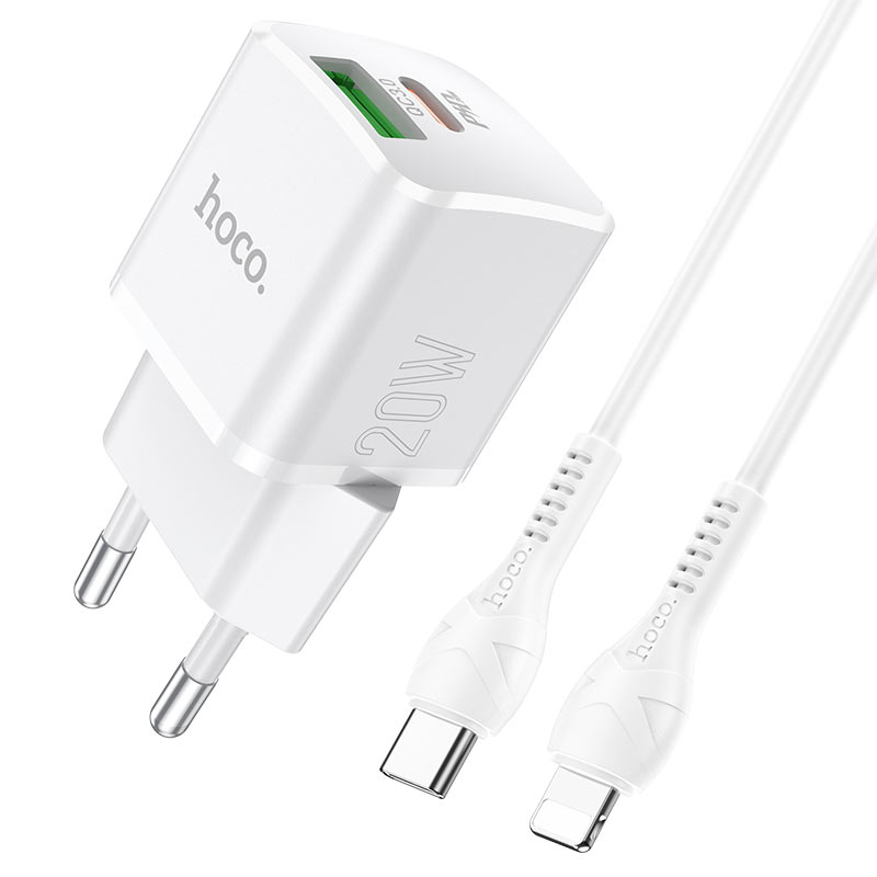 hoco n20 prestige pd20w qc3 wall charger eu set with type c to lightning cable