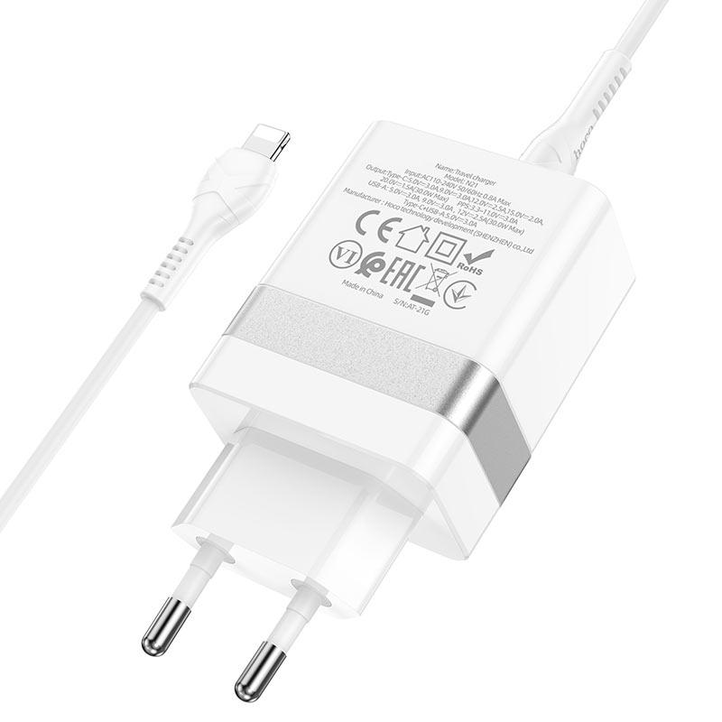 hoco n21 topspeed pd30w qc3 wall charger eu set with type c to lightning cable kit