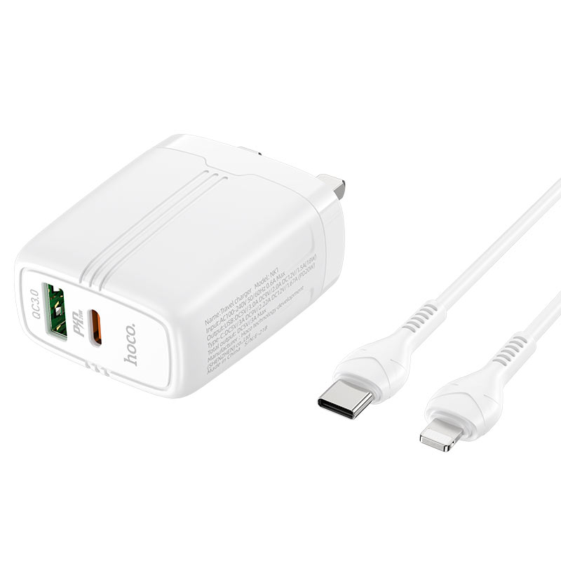 hoco nk1 superior pd20w qc3 wall charger uk set with type c to lightning cable kit