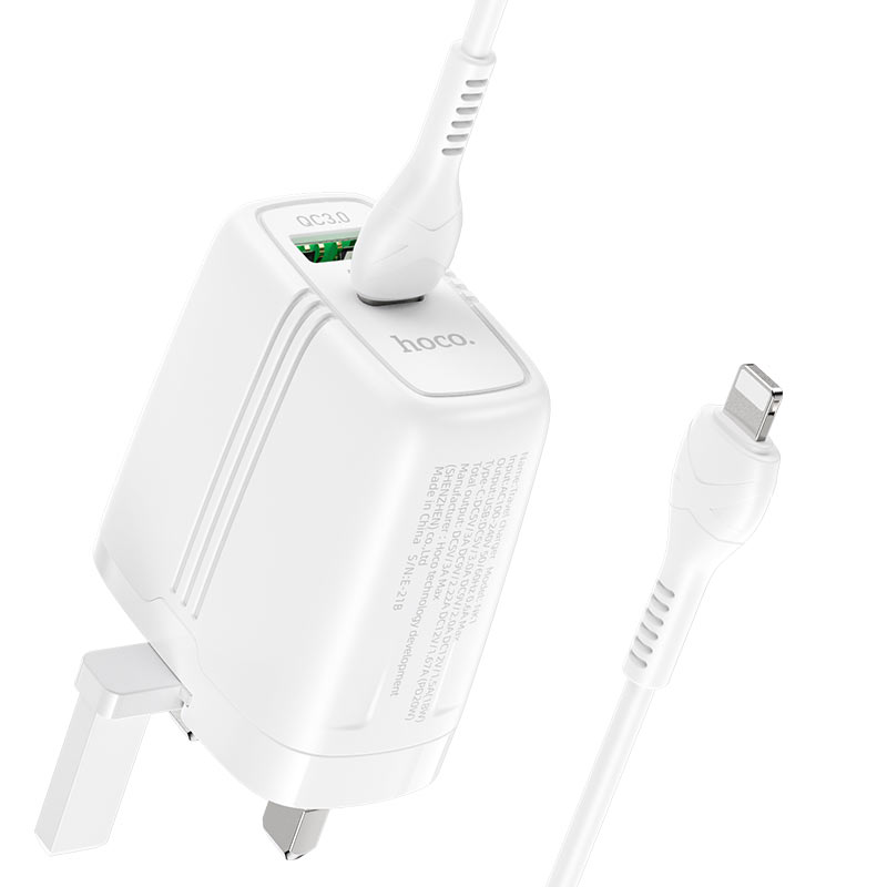 hoco nk1 superior pd20w qc3 wall charger uk set with type c to lightning cable