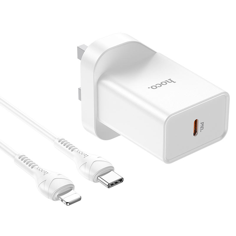 hoco nk6 rise single port pd20w wall charger uk set with type c to lightning cable port